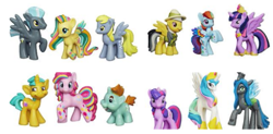 Size: 521x256 | Tagged: safe, daring do, derpy hooves, fluttershy, pinkie pie, princess celestia, queen chrysalis, rainbow dash, snails, snips, thunderlane, twilight sparkle, twilight sparkle (alicorn), alicorn, changeling, changeling queen, earth pony, pegasus, pony, female, figurine, mare, rainbow power, toy