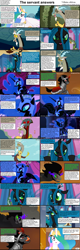 Size: 1282x4018 | Tagged: safe, discord, king sombra, nightmare moon, princess celestia, queen chrysalis, alicorn, changeling, changeling queen, pony, unicorn, comic:celestia's servant interview, caption, comic, interview