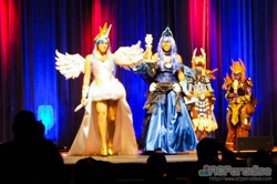 Size: 1024x681 | Tagged: artist needed, safe, princess celestia, princess luna, human, a-kon, cosplay, irl, irl human, photo, stage