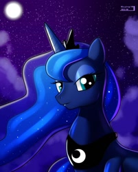 Size: 1186x1474 | Tagged: safe, artist:skyart301, princess luna, alicorn, pony, bust, cloud, crown, female, jewelry, looking at you, mare, moon, night, regalia, sky, solo, stars