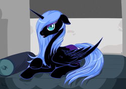 Size: 1501x1061 | Tagged: safe, artist:akashasi, nightmare moon, princess luna, alicorn, pony, alternate hairstyle, bed, missing accessory, prone, solo, stupid sexy nightmare moon