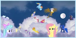 Size: 956x490 | Tagged: safe, derpibooru import, blossomforth, cloud kicker, cloudchaser, derpy hooves, ditzy doo, flitter, fluttershy, gilda, princess luna, rainbow dash, scootaloo, spitfire, alicorn, griffon, pegasus, pony, blushing, clothes, cloud, cloudy, costume, embarrassed, female, mare, mare in the moon, moon, night, shadowbolts, shadowbolts costume, sky