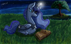 Size: 1440x900 | Tagged: safe, artist:random-gal, princess luna, alicorn, pony, book, grass, night, prone, reading, solo, tree