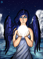 Size: 2250x3093 | Tagged: safe, artist:vuliem, princess luna, crying, horned humanization, humanized, moon, ocean, sad, solo, stars, tangible heavenly object, winged humanization