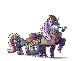 Size: 2580x2027 | Tagged: safe, artist:fauxsquared, applejack, princess celestia, alicorn, earth pony, pony, clothes, crossover, john watson, sherlock holmes