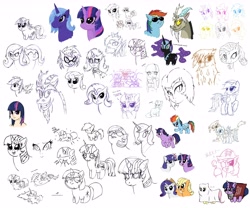 Size: 5000x4168 | Tagged: safe, artist:mixermike622, derpibooru import, applejack, discord, dj pon-3, fluttershy, gilda, lyra heartstrings, nightmare moon, pinkie pie, princess celestia, princess luna, rainbow dash, rarity, trixie, twilight sparkle, vinyl scratch, ghost, griffon, human, absurd resolution, book, brush, clothes, cookie, costume, flying, hat, headband, hug, humanized, light skin, magic, mane six, pirate, sketch dump, sunglasses, sweat