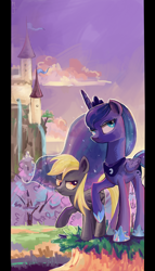 Size: 4000x7000 | Tagged: safe, artist:fly-gray, derpy hooves, princess luna, alicorn, pegasus, pony, absurd resolution, castle, female, mare