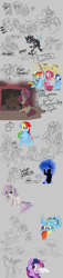 Size: 2000x8778 | Tagged: safe, artist:xenon, angel bunny, apple bloom, applejack, discord, dj pon-3, fluttershy, lyra heartstrings, minuette, nightmare moon, octavia melody, pinkie pie, princess luna, rainbow dash, rarity, scootaloo, spike, sweetie belle, twilight sparkle, vinyl scratch, oc, changeling, earth pony, ghost, original species, pegasus, pony, snake pony, unicorn, banana pony, blood, cutie mark crusaders, egg, fire, lyre, mane seven, mane six, measuring tape, rope, silly, silly pony, sketch dump, tongue out, upside down