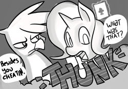 Size: 1280x885 | Tagged: safe, artist:fauxsquared, derpibooru import, gilda, trixie, griffon, dialogue, grayscale, monochrome, trixie is magic