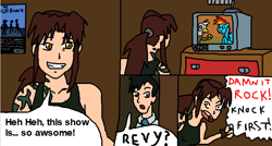 Size: 700x374 | Tagged: safe, artist:antooncartoon, derpibooru import, gilda, rainbow dash, griffon, human, black lagoon, brony, caught, comic, door, revy, rock, voice actor joke