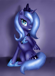 Size: 1677x2304 | Tagged: safe, artist:fangzel, princess luna, alicorn, pony, female, horn, mare, solo, younger