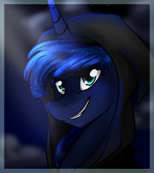 Size: 800x900 | Tagged: safe, artist:oscarina1234, princess luna, alicorn, pony, cloak, clothes, grin, night, portrait, solo