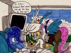 Size: 1459x1088 | Tagged: safe, artist:newyorkx3, discord, eris, prince artemis, princess luna, alicorn, draconequus, pony, arteris, female, hospital, mare, nurse, rule 63, thermometer, traditional art