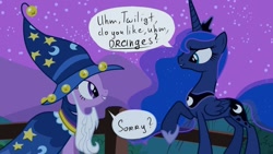 Size: 960x540 | Tagged: safe, edit, edited screencap, screencap, princess luna, twilight sparkle, alicorn, pony, luna eclipsed, clothes, costume, duo, friendship is magic bitch, nightmare night costume, speech bubble, star swirl the bearded costume, trolluna