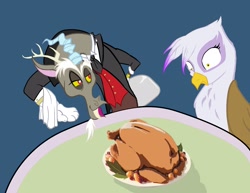 Size: 1650x1275 | Tagged: safe, artist:d-lowell, derpibooru import, discord, gilda, draconequus, griffon, butler, cooked, dead, female, food, implied cannibalism, male, table, thanksgiving, turkey, twitch, wide eyes