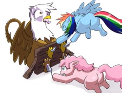 Size: 1019x784 | Tagged: safe, artist:spanking649, derpibooru import, gilda, pinkie pie, rainbow dash, earth pony, griffon, pegasus, pony, bondage, bondage furniture, feather, stocks, tickle torture, tickling, tongue out