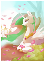 Size: 1050x1450 | Tagged: safe, artist:mastercheefs, princess celestia, alicorn, pony, bust, female, mare, missing accessory, multicolored mane, solo, white coat, white wings