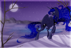 Size: 800x548 | Tagged: safe, artist:probablyfakeblonde, princess luna, alicorn, pony, moon, snow, snowfall, solo