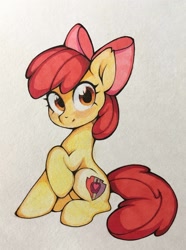 Size: 950x1280 | Tagged: safe, artist:lispp, apple bloom, earth pony, pony, adorabloom, bow, cute, female, filly, hair bow, looking at you, simple background, solo, traditional art, white background