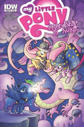 Size: 901x1367 | Tagged: safe, artist:agnesgarbowska, idw, fluttershy, princess luna, private pansy, spike, star swirl the bearded, twilight sparkle, alicorn, dragon, pegasus, pony, comic, costume, cover, hot topic, official, traditional royal canterlot voice