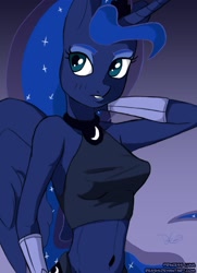 Size: 1198x1653 | Tagged: safe, artist:reashi, princess luna, anthro, armpits, belly button, blushing, midriff, solo