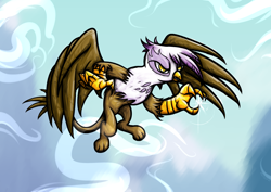 Size: 1754x1240 | Tagged: safe, artist:rambopvp, derpibooru import, gilda, griffon, claws, cloud, cloudy, fighting stance, fluffy, flying, glare, gritted teeth, sharp, solo, spread wings