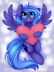 Size: 1200x1600 | Tagged: safe, artist:spittfireart, princess luna, alicorn, pony, cute, digital art, heart, heart eyes, heart pillow, lunabetes, lying, on back, open mouth, pillow, solo, spread wings, wingding eyes, wings, woona