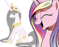 Size: 1224x976 | Tagged: safe, princess cadance, princess celestia, alicorn, pony, alternate hairstyle, cadance laughs at your misery, crying, depressed, exploitable meme, meme, sad