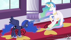 Size: 1191x670 | Tagged: safe, artist:90sigma, princess celestia, princess luna, alicorn, pony, fight, magic