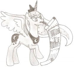 Size: 904x812 | Tagged: safe, artist:thepyrotwister, princess luna, alicorn, pony, crossover, dalek, doctor who, monochrome, pencil, pencil drawing, scroll, simple background, sketch, solo, traditional art