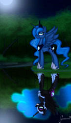 Size: 1100x1900 | Tagged: safe, artist:gamermac, nightmare moon, princess luna, alicorn, pony, duality, night, reflection, water