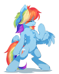 Size: 2400x3000 | Tagged: safe, artist:lispp, rainbow dash, pegasus, pony, bipedal, blushing, chest fluff, eyes closed, female, flexing, fluffy, mare, simple background, smiling, solo, spread wings, standing, white background, wings