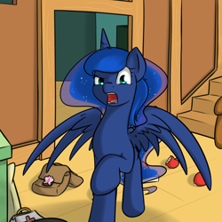 Size: 1000x1000 | Tagged: safe, artist:theparagon, princess luna, alicorn, pony, apple, colored pupils, disgusted, food, hunted luna, solo