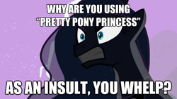 Size: 500x281 | Tagged: safe, edit, edited screencap, screencap, princess luna, alicorn, pony, luna eclipsed, angry, caption, gritted teeth, image macro, lightning, pretty princess, solo