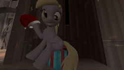 Size: 1280x720 | Tagged: safe, artist:derpyhooves, derpy hooves, pegasus, pony, 3d, christmas, female, hat, large butt, mare, present, santa hat, source filmmaker