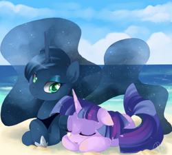 Size: 800x720 | Tagged: dead source, safe, artist:loyaldis, princess luna, twilight sparkle, alicorn, pony, beach, female, shipping, twiluna, wet