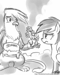 Size: 800x1000 | Tagged: safe, artist:johnjoseco, derpibooru import, gilda, rainbow dash, griffon, pegasus, pony, apologetic, apology, apology cake, cake, duo, duo female, female, flower, grayscale, mare, monochrome, request