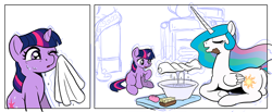 Size: 1000x412 | Tagged: safe, artist:muffinshire, princess celestia, twilight sparkle, alicorn, pony, comic:twilight's first day, comic, filly, wip, younger