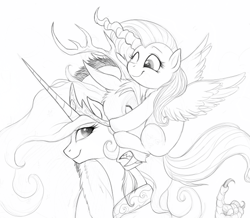 Size: 606x529 | Tagged: safe, artist:celestiathegreatest, discord, fluttershy, princess celestia, alicorn, pegasus, pony, monochrome, pony hat