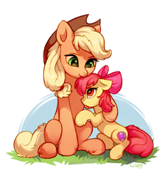 Size: 1270x1350 | Tagged: safe, artist:lispp, apple bloom, applejack, earth pony, pony, bow, cowboy hat, cutie mark, female, filly, hair bow, hat, hug, mare, simple background, sisters, sitting, smiling, stetson, the cmc's cutie marks
