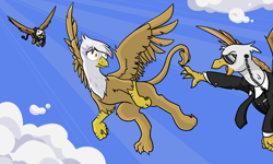 Size: 3000x1800 | Tagged: safe, artist:geomancing, derpibooru import, gilda, oc, griffon, clothes, flying, necktie, suit