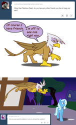 Size: 640x1050 | Tagged: safe, artist:gilded-wings, derpibooru import, gilda, trixie, griffon, ask, comic, pounce, tumblr