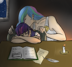 Size: 2225x2053 | Tagged: safe, artist:chilly-chan, princess celestia, twilight sparkle, human, book, candle, dark, female, humanized, kissing, lesbian, light skin, momlestia, quill, shipping, sleeping, table, twilestia