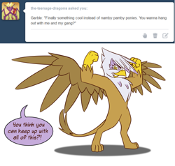 Size: 600x570 | Tagged: safe, artist:gilded-wings, derpibooru import, gilda, griffon, ask, bipedal, solo, tumblr