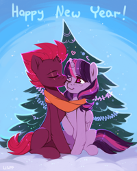 Size: 2160x2700 | Tagged: safe, artist:lispp, fizzlepop berrytwist, tempest shadow, twilight sparkle, twilight sparkle (alicorn), alicorn, pony, unicorn, my little pony: the movie, broken horn, christmas, christmas tree, clothes, duo, eye scar, eyes closed, female, heart, holiday, kissing, lesbian, mare, scar, scarf, shared clothing, shared scarf, shipping, smiling, tempestlight, tree