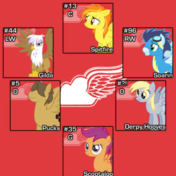 Size: 500x500 | Tagged: safe, artist:doctorxfizzle, derpibooru import, derpy hooves, gilda, hoops, scootaloo, soarin', spitfire, griffon, pegasus, pony, detroit red wings, female, hockey, mare, nhl