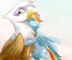 Size: 600x500 | Tagged: safe, artist:norang94, derpibooru import, gilda, rainbow dash, griffon, pegasus, pony, female, gildash, hug, lesbian, shipping