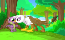 Size: 2560x1600 | Tagged: safe, artist:mysticalpha, derpibooru import, gilda, spike, dragon, griffon, bedroom eyes, blushing, bush, commission, cute, female, forest, grass, kissing, male, shipping, spikelove, spilda, straight, tree, wallpaper