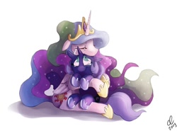 Size: 1356x1001 | Tagged: safe, artist:lalindaaa, princess celestia, princess luna, alicorn, pony, crying, cute, filly, hug, s1 luna, woona