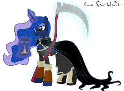 Size: 2000x1469 | Tagged: safe, artist:ellissummer, princess luna, alicorn, pony, cape, clothes, crossover, discworld, dress, hourglass, scythe, simple background, solo, susan sto helit